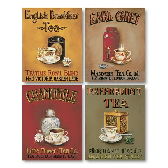 Multi-Color Vintage Earl Grey, Chamomile and Peppermint Tea Adult Kitchen Decor; 4 - 8" x 10" Unframed Prints