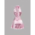 thumbnail image 2 of Pink Womens Halter Neck Satin Mini Dress With White Lace Trim A-Line Fit, 2 of 5
