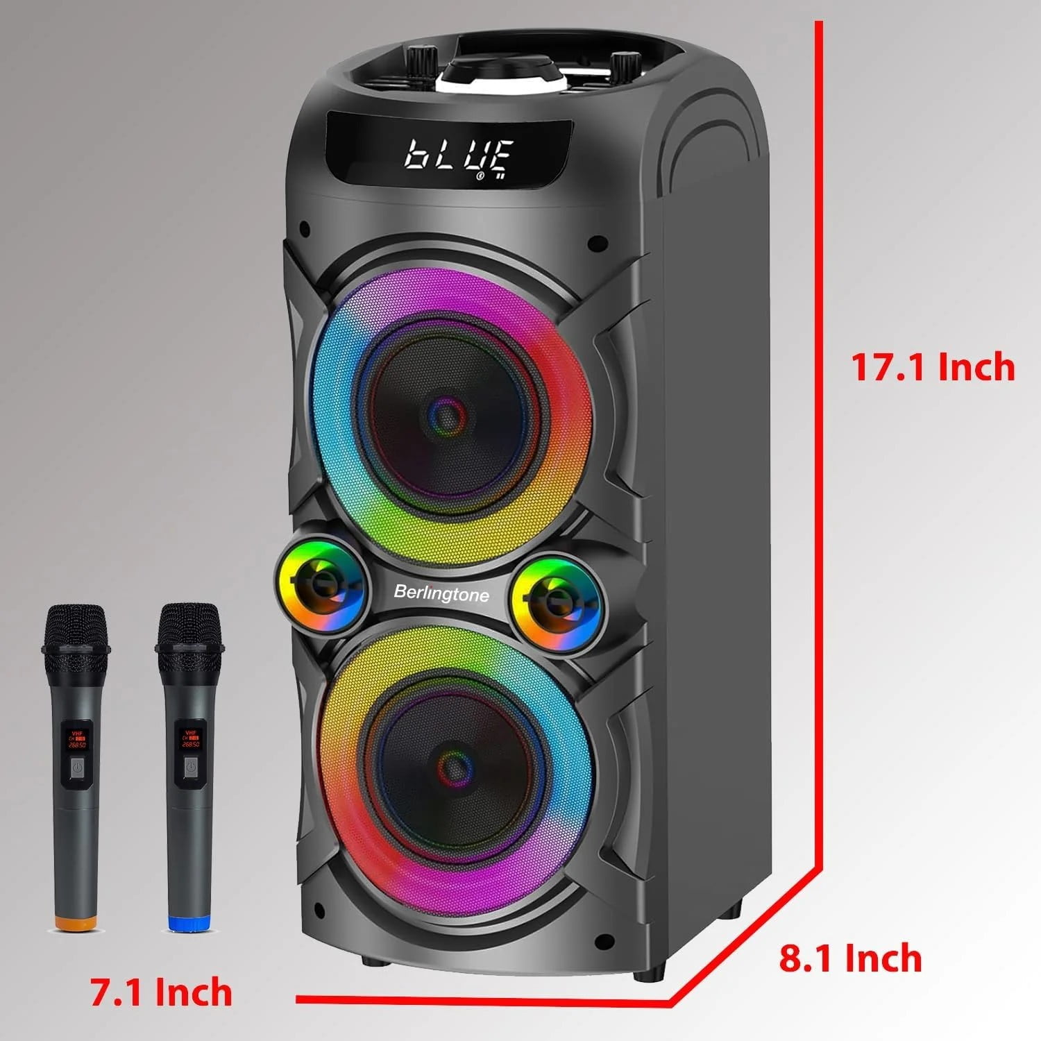 Berlingtone BR-37K Bluetooth Karaoke Machine Speaker System with 2 VHF Wireless Microphones, RGB DJ Lights, 100W Subwoofer, Remote Control, TF Card/USB MP3 Playback for Home, Indoor/Outdoor Parties