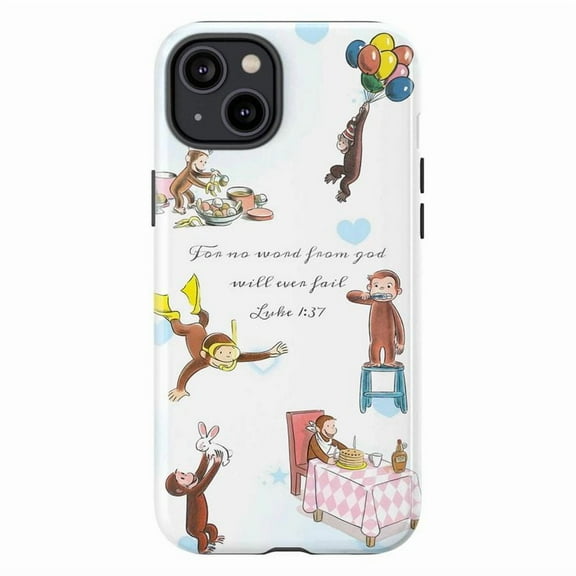 Playful Curious Monkey & Luke 1:37 Bible Verse Phone Case, Cute Christian Faith Cover for iPhone 17 16 15 14 13 12 11 Pro Plus