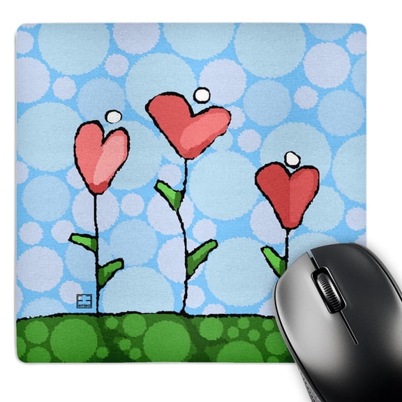 3dRose, Valentine Folk Art, Whimsical Heart Flowers Blue Background, MousePad