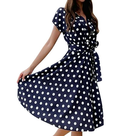 

Women s Casual Deep V Neck Midi Dresses Short Sleeve Button Down Swiss Dot Printing Lace Knee-Length Dress A-Line High Waist Belt Plus Size Ruffle Swing Skater Dresses