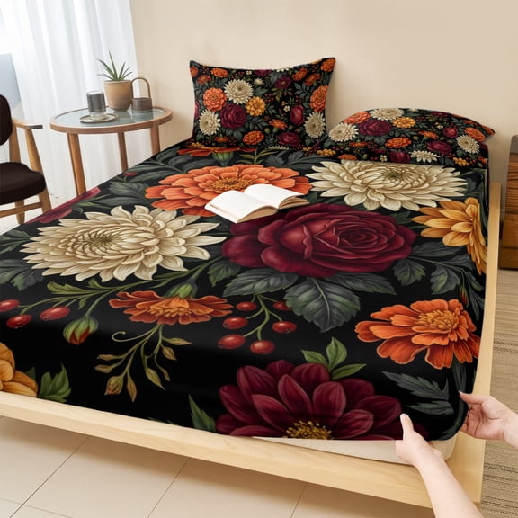 Twin XL Size Fitted Sheet Set - Boho Floral 2 Piece Bedding Sets 16" Deep Pocket Fitted Sheet with 1 Pillowcases, Vintage Blossom Dahlias Rose Rustic Plants Brushed Microfiber Hotel Luxury Bed Sheets