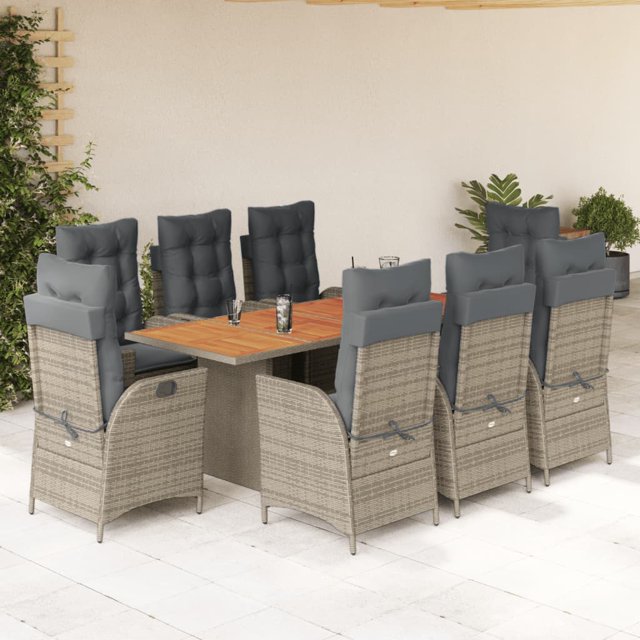 vidaXL 9 Piece Garden Dining Set with Cushions Grey Poly Rattan