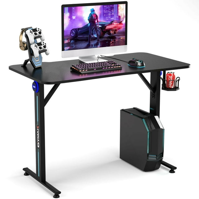 Gymax Bureau de Jeu Bureau à Domicile pour PC Ordinateur avec Éclairage DEL et Support de Poignée de Jeu