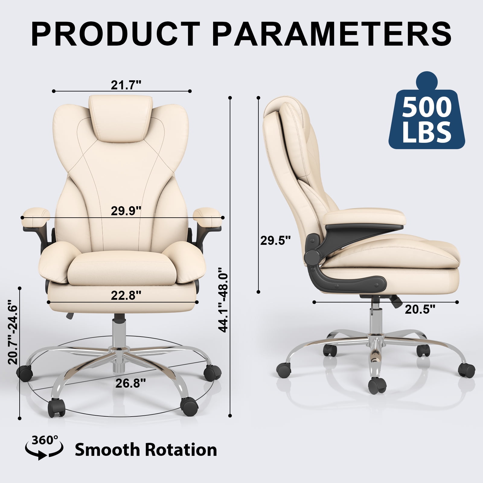 Hovos Big and Tall Office Chair with Flip-up Arms, Ergonomic Home Computer Desk Leather Chair, 360° Swivel Computer Desk Chair, Quiet Nylon Wheels, Beige