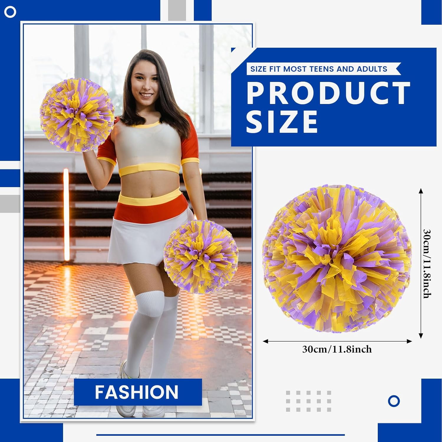 Cheerleader Pom Poms 24 Pack Sports Dance Cheering Plastic Metallic Cheerleading Pom Poms for Kids Adults-Ring Style