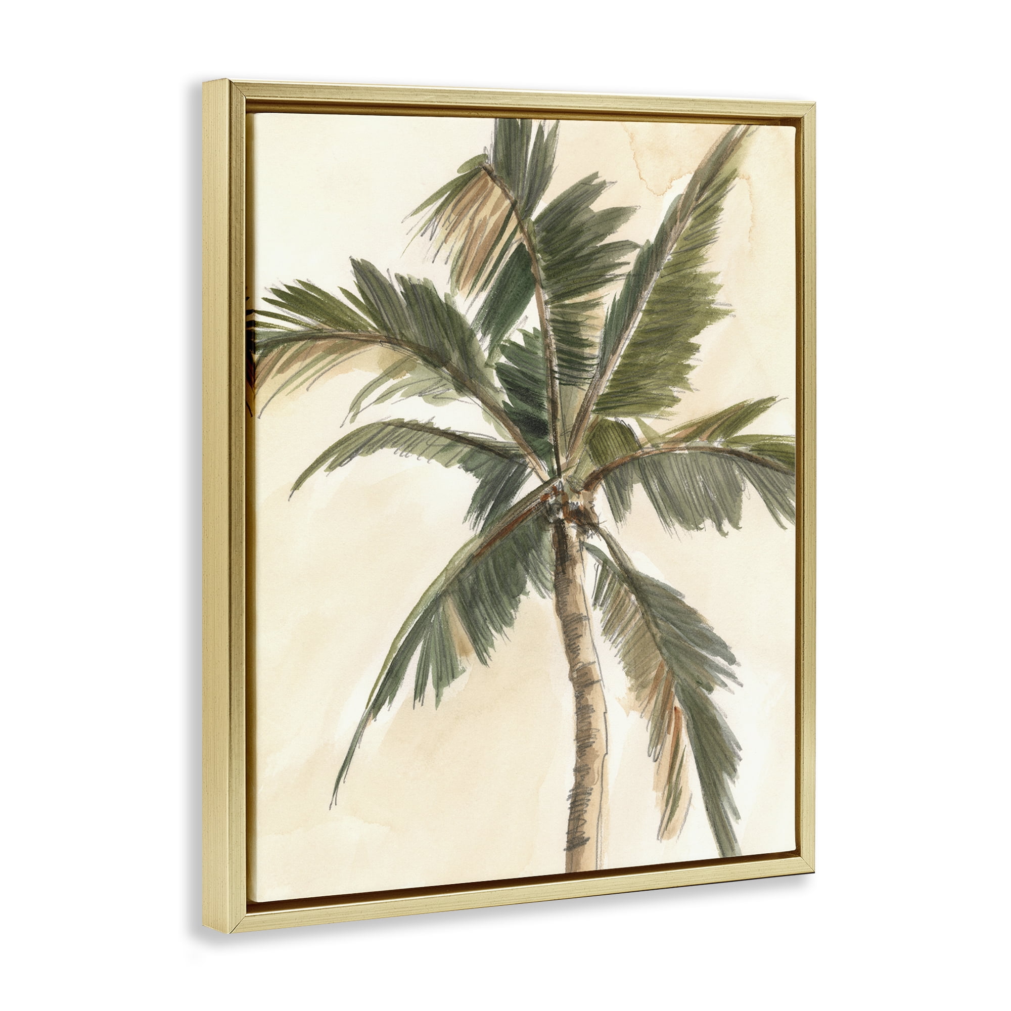Stupell Industries Muted Palm Tree Plants & Flowers Painting Gold Floater Framed Canvas Art Print Wall Art, 25 x 31