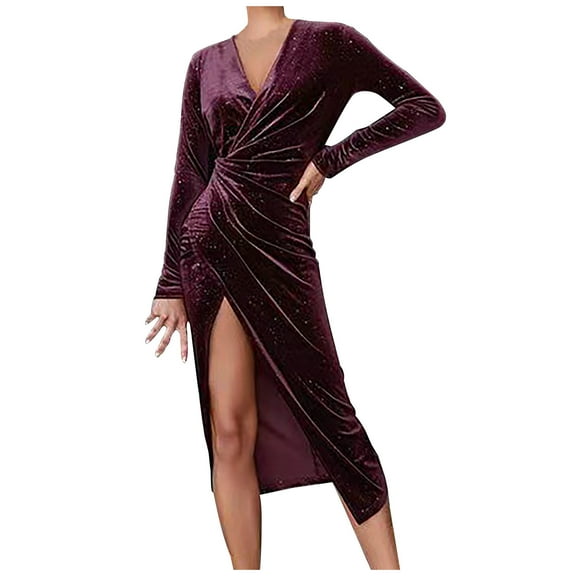 Womens V Neck Long Sleeve Velvet Maxi Dresses Ruched Slim Fit Side Split Elegant Formal Cocktail Dress Evening Prom Gown