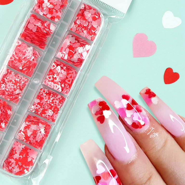 6 Grids Red Heart Nail Glitter Sequins 3D Heart Nail Art Stickers Decals  Valentines Glitter for Nails Design Love Nail Flakes Valentines Day Nail  Art