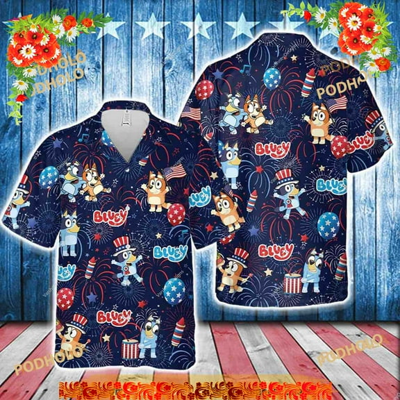 Red White Blueydad Hawaiian Shirt, Blueydad And Bingo 4th July Aloha Shirt