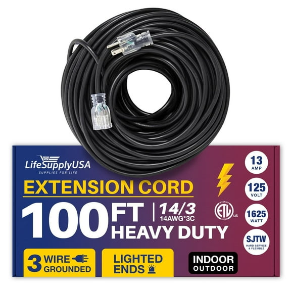 100ft Power Outdoor Extension Cord & Indoor - Waterproof Electric Drop Cord