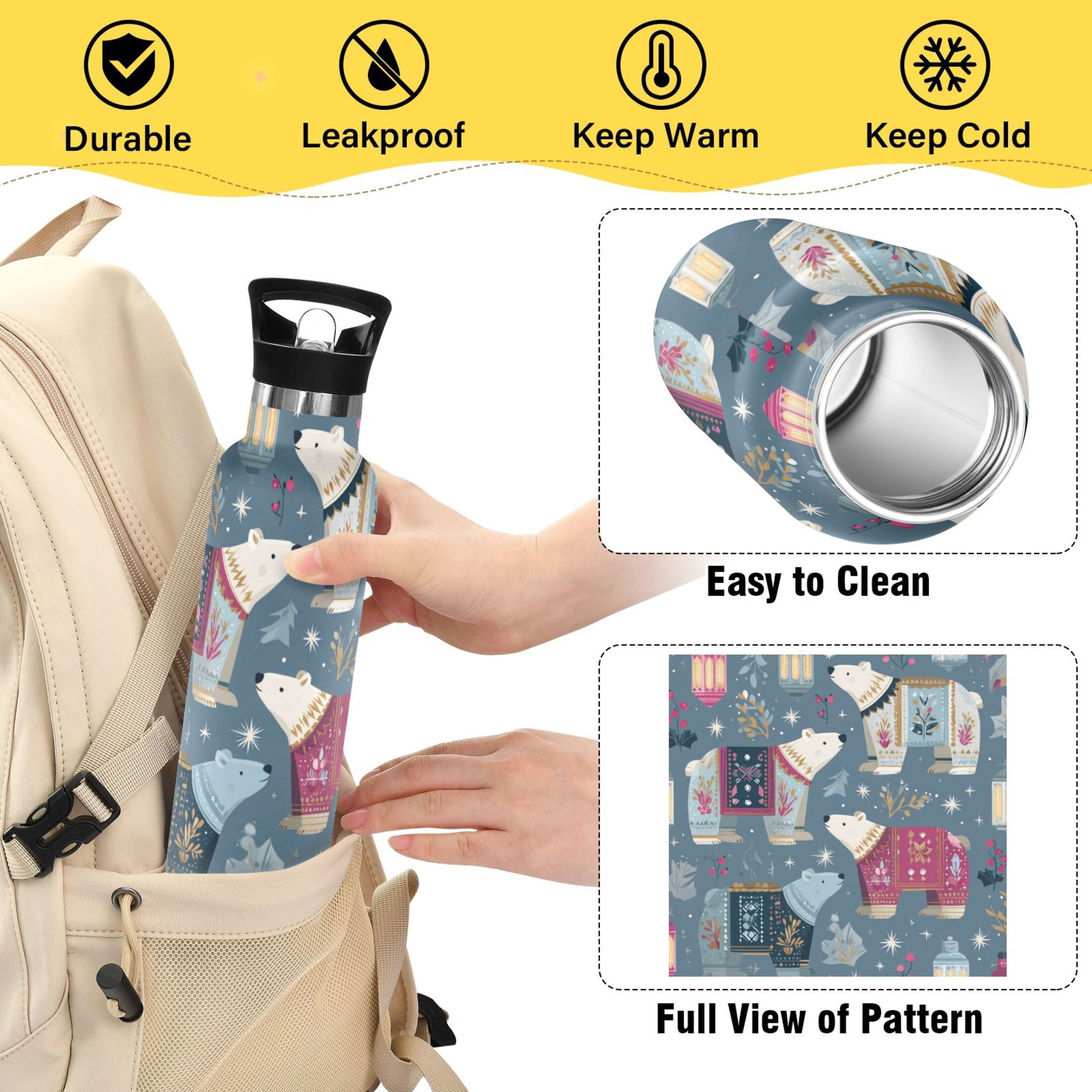 Kids Insulated Stainless Steel Sports Water Bottle 600ml (20oz) Polar Bear Pattern