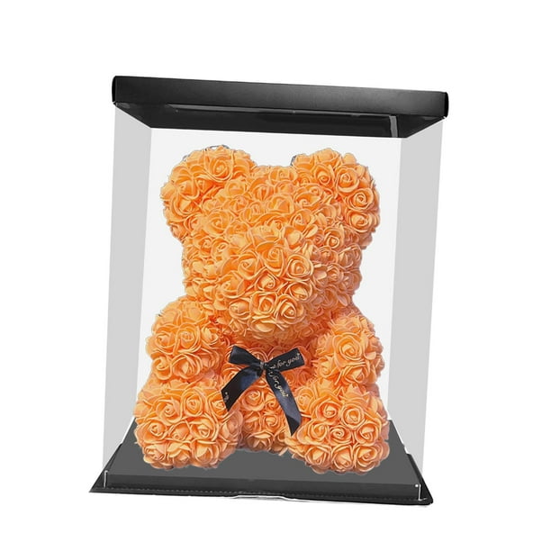 Oso de flores artificiales con caja, hermoso oso de flores de espuma para el Día de la Madre Naranja