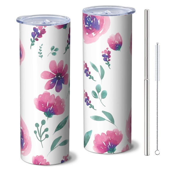 Floral 20 Oz Stainless Steel Skinny Tumbler – Vacuum Insulated Slim Travel Cup with Lid & Stainless Steel Straw, 360° Full Wrap Printed Tumbler for Home, Office & Outdoor Use, Flowers