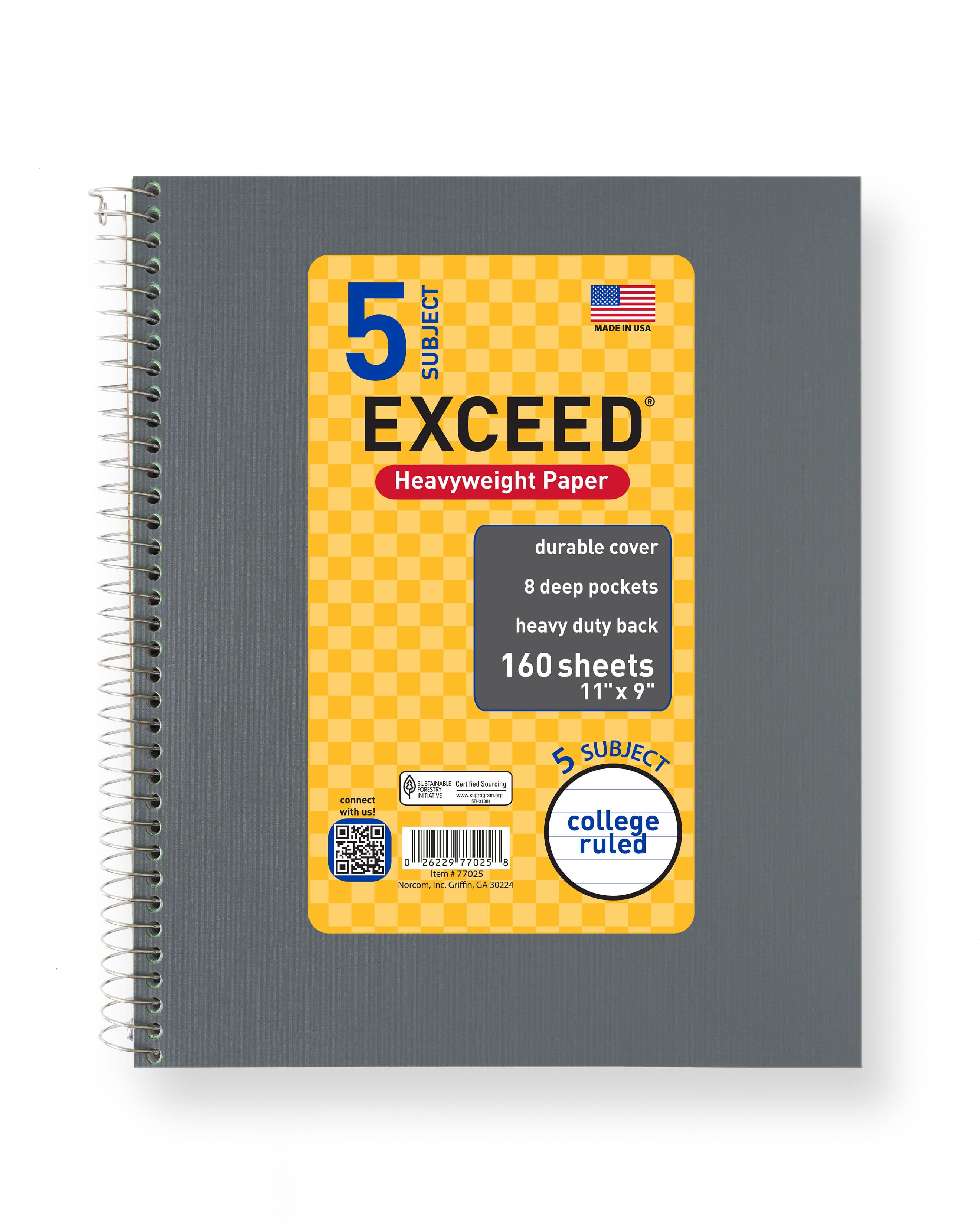 Exceed 5 Subject 160 Count Notebook, Gray Flannel, 11' x 9', College Ruled