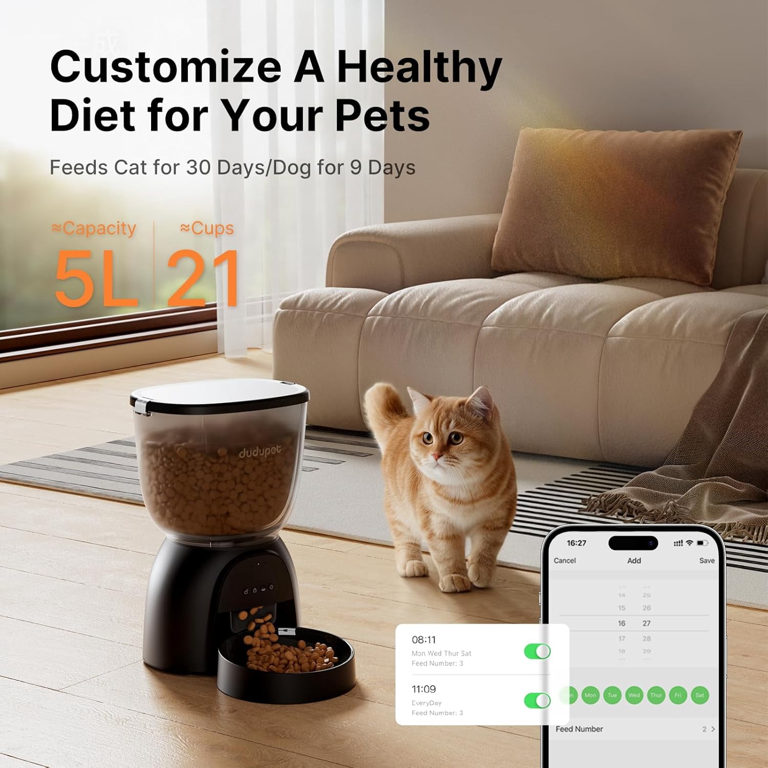 Automatic Cat Feeder WiFi, 5G App Control Timed Dispenser with Remote Feeding, 5L Auto Pet Feeder for Dry Food