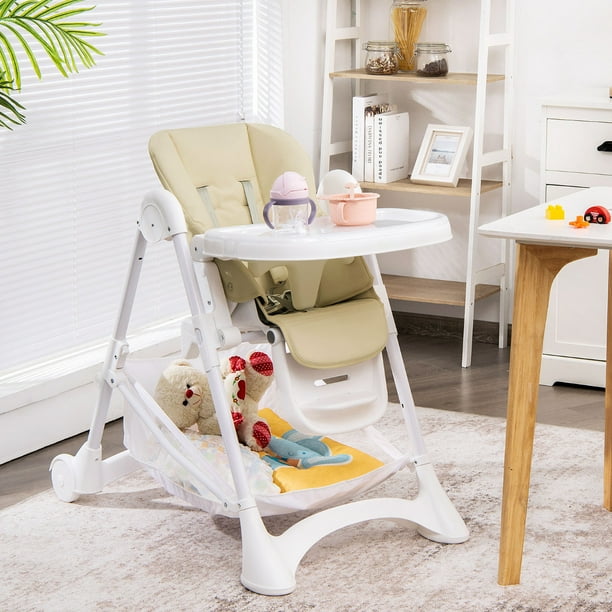 Trona para Niños y Bebés Silla Alta de Comedor Plegable con Ruedas Doble Bandeja Removible Cojín en PU Altura Regulable 89 x 57 x 105 cm Beige