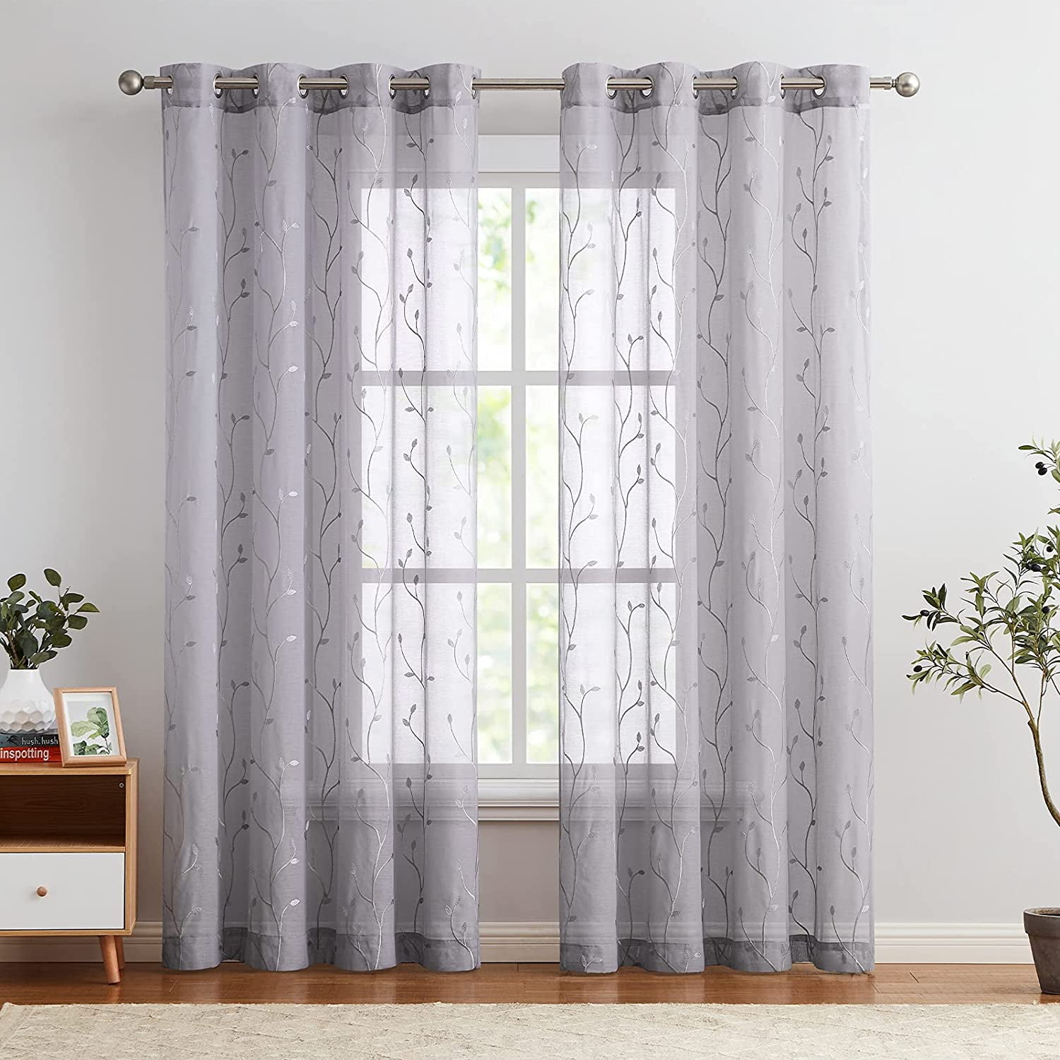 Curtainking Sheer Curtains Floral Embroidery Drapes 84 inch Voile Light Filtering Window Curtain Set for Living Room Bedroom Grommet 2 Panels Grey