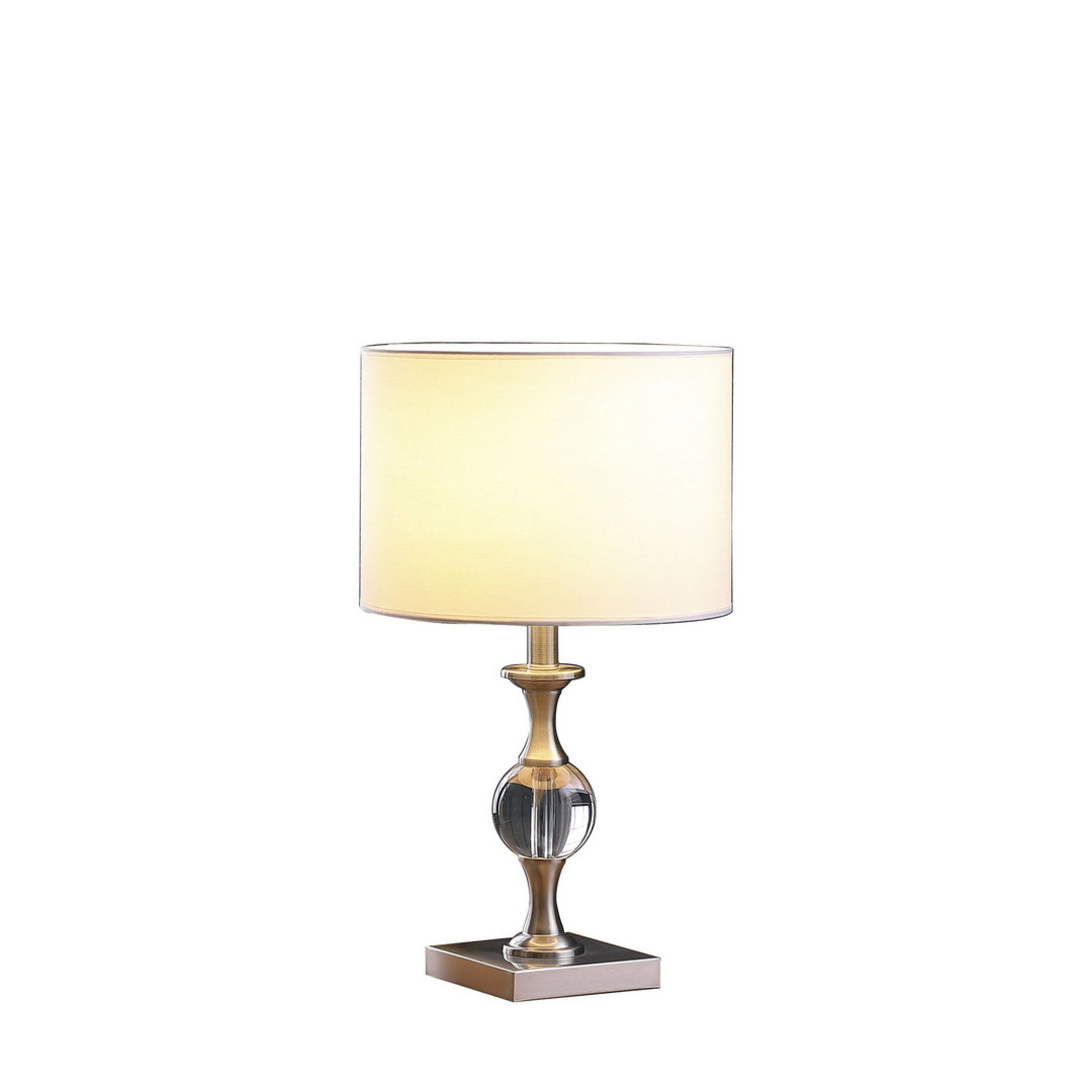 Noble House 19.75" Solid Crystal Orb Table Lamp, Satin Nickel Base, White Drum Shade, E26 Light Bulb, Silver