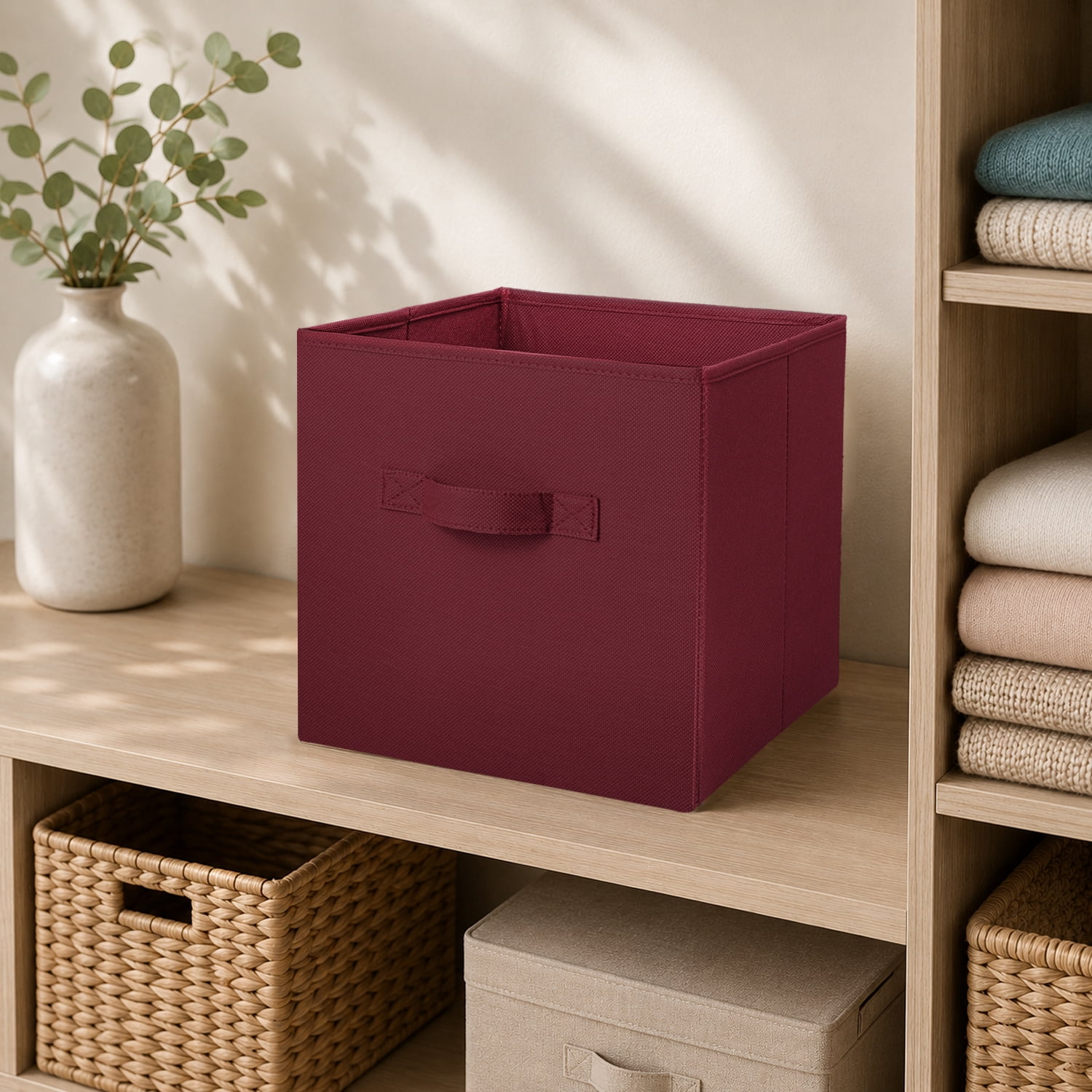 Mainstays Collegiate Collapsible Fabric Bins 10.5X10.5, Maroon Supreme, 4 Pack