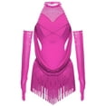 thumbnail image 2 of SiiRoh Girls Sparkly Fringe Jazz Latin Dance Leotard Ruched Mesh Drapes Cutout Bodysuit with Gloves Hot Pink 12, 2 of 4