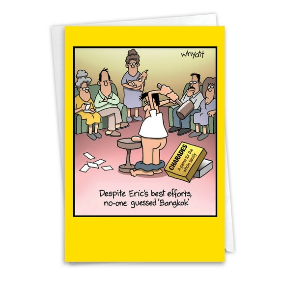 Funny Birthday Greeting Card with 5 x 7 Inch Envelope (1 Card) Bday Bangkok Family CharadeS - Man Playing Charades with Family