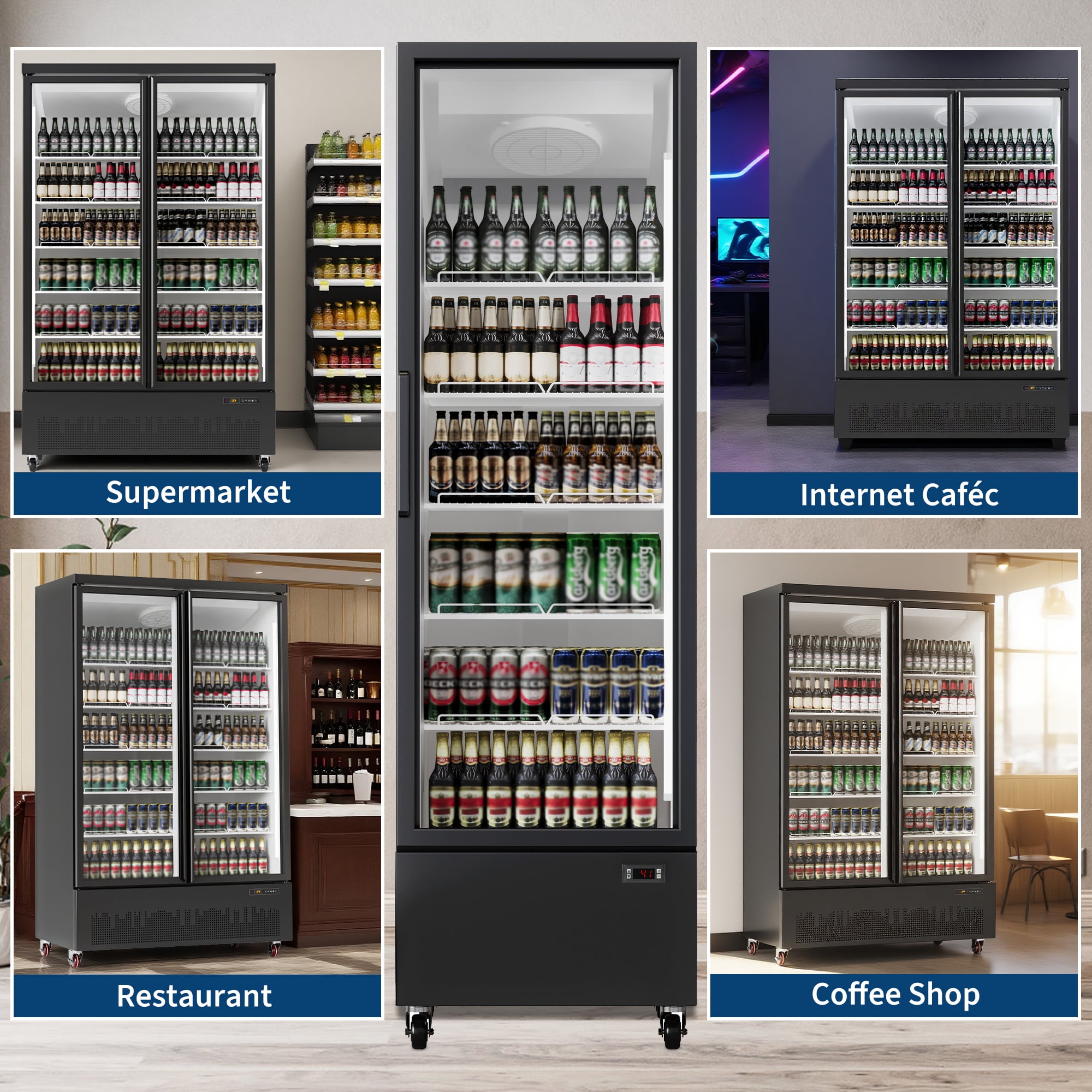 35.3 Cu. Ft Black Commercial Beverage Merchandiser Cooler – Upright Refrigerator with Glass Door & Adjustable Shelves, Ideal for Stores, Restaurants, Bars & Supermarkets