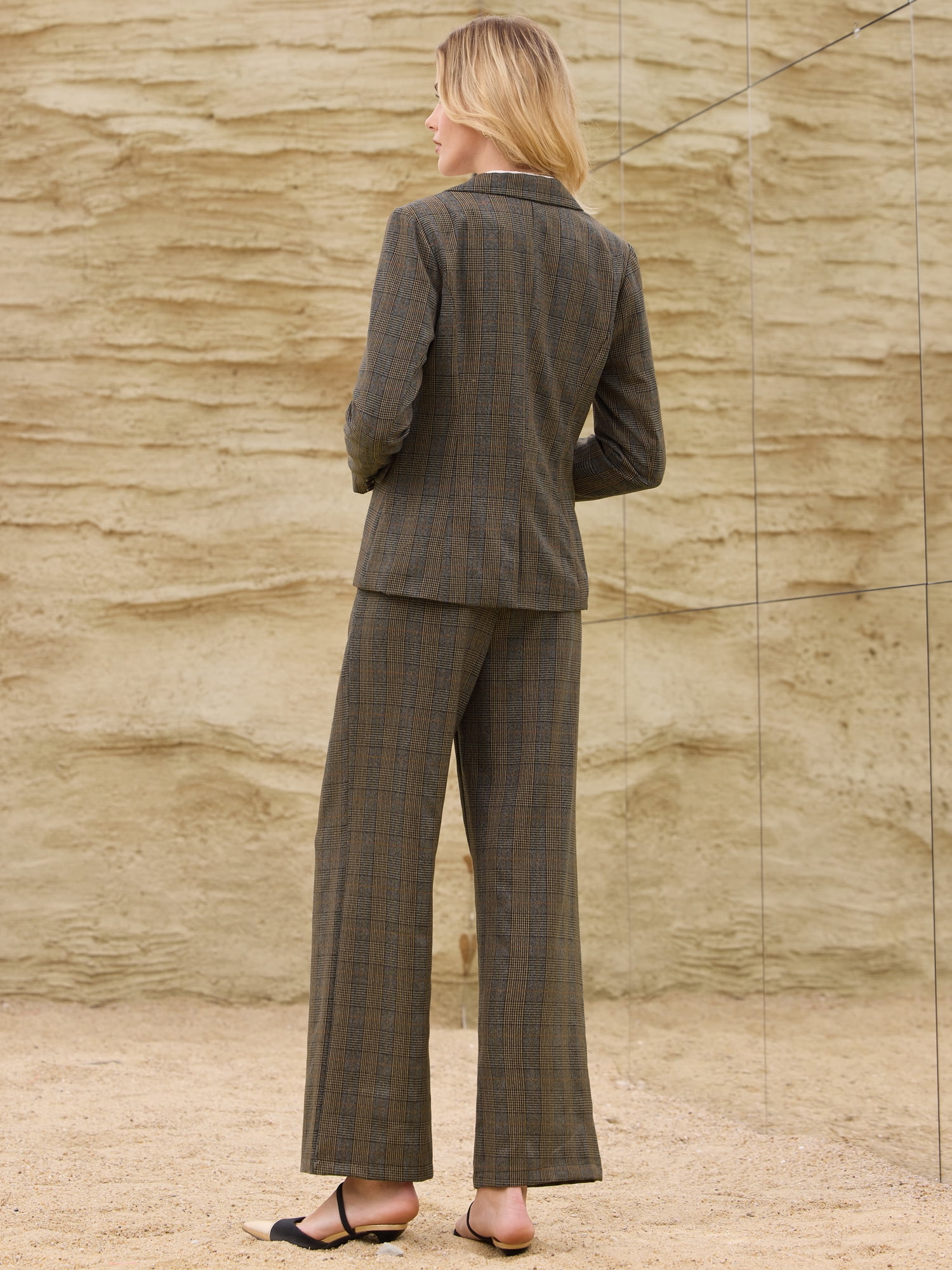 DARING DIVA Women's Houndstooth Plaid Blazer Business Suit Jacket S Brown