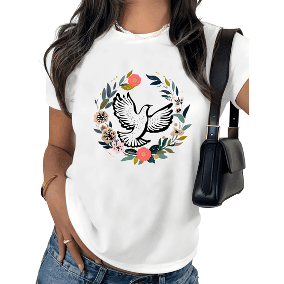White Dove Floral Print Tshirt Graphic Tees Shirts Soft Nature Inspired Daily Wear S-5XL Tops