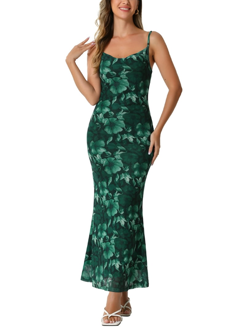 Inspire Chic Women's Floral Maxi Dress Mesh Sleeveless Bodycon Cocktail Dress XL Dark Green