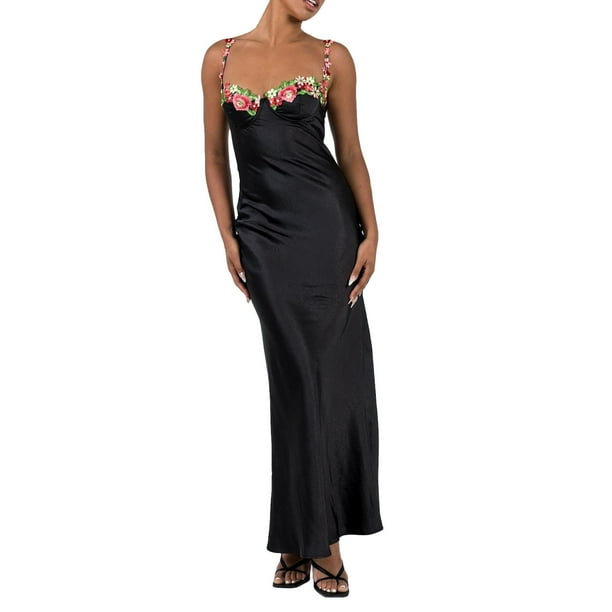 Gibobby Vestidos de fiesta largos Estilo europeo y americano Primavera y verano Moda Sexy Bordado Encaje Tirantes Color sólido Vestido largo Fiesta femenina Recepción(Negro,M)