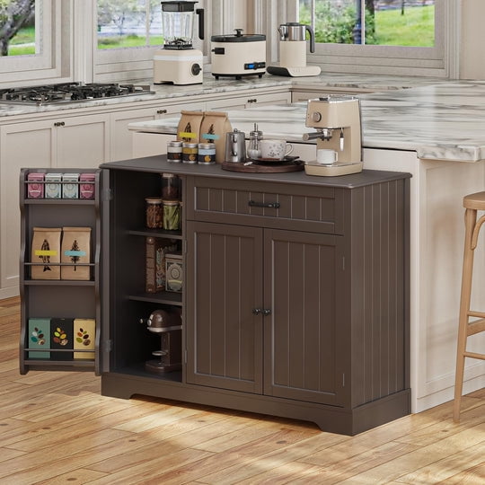 Aiho 42” Coffee Bar Cabinet with Storage, Kitchen Storage Cabinet, Sideboard Buffet Cabinet with 8 Shelves, 1 Drawer - Dark Brown