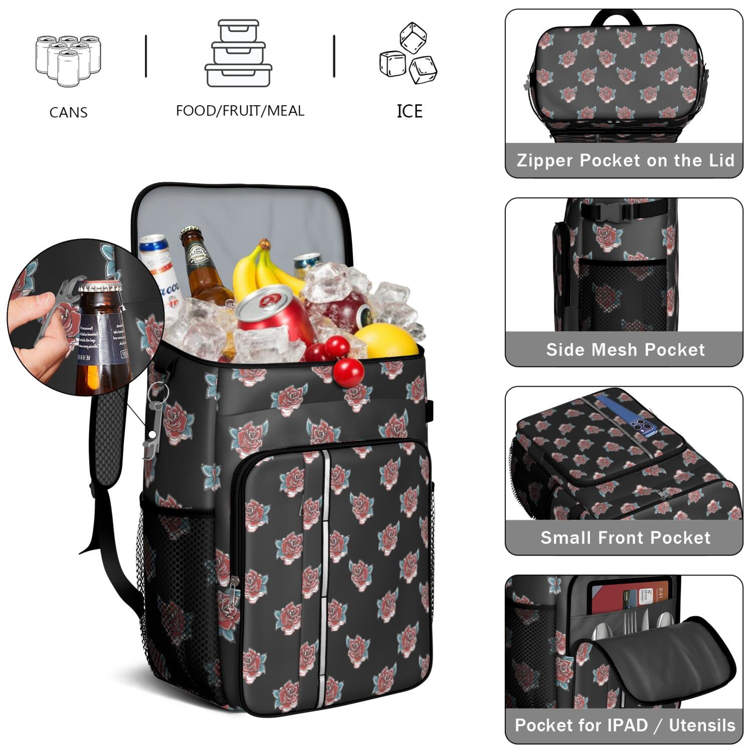 Travel Cooler Bag - Pioneer Flower Floral Print Pattern Camping Beer Cooler Backpack with Bottle Opener- Waterproof Insulated Picnic Backpacks - Cooler Bag for Beach