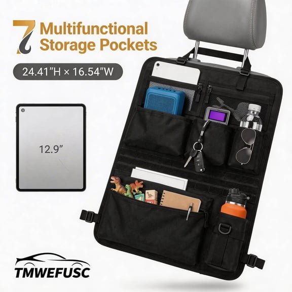 Car Backseat Organizer, Universal Fit Seat Back Storage Bag with 7 Pockets, Heavy Duty Oxford Fabric Organizer for RV and Road Trips, Black