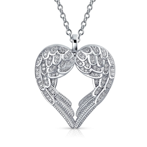 Bling Jewelry Womens Pave Cubic Zirconia CZ Heart Kissing Angel Wing Pendant Necklace Sterling Silver