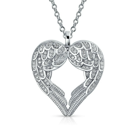 Bling Jewelry Womens Pave Cubic Zirconia CZ Heart Kissing Angel Wing Pendant Necklace Sterling Silver