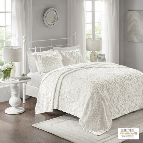 Home Essence Amber 3 Piece Tufted Cotton Chenille Bedspread Set, Full/Queen, White
