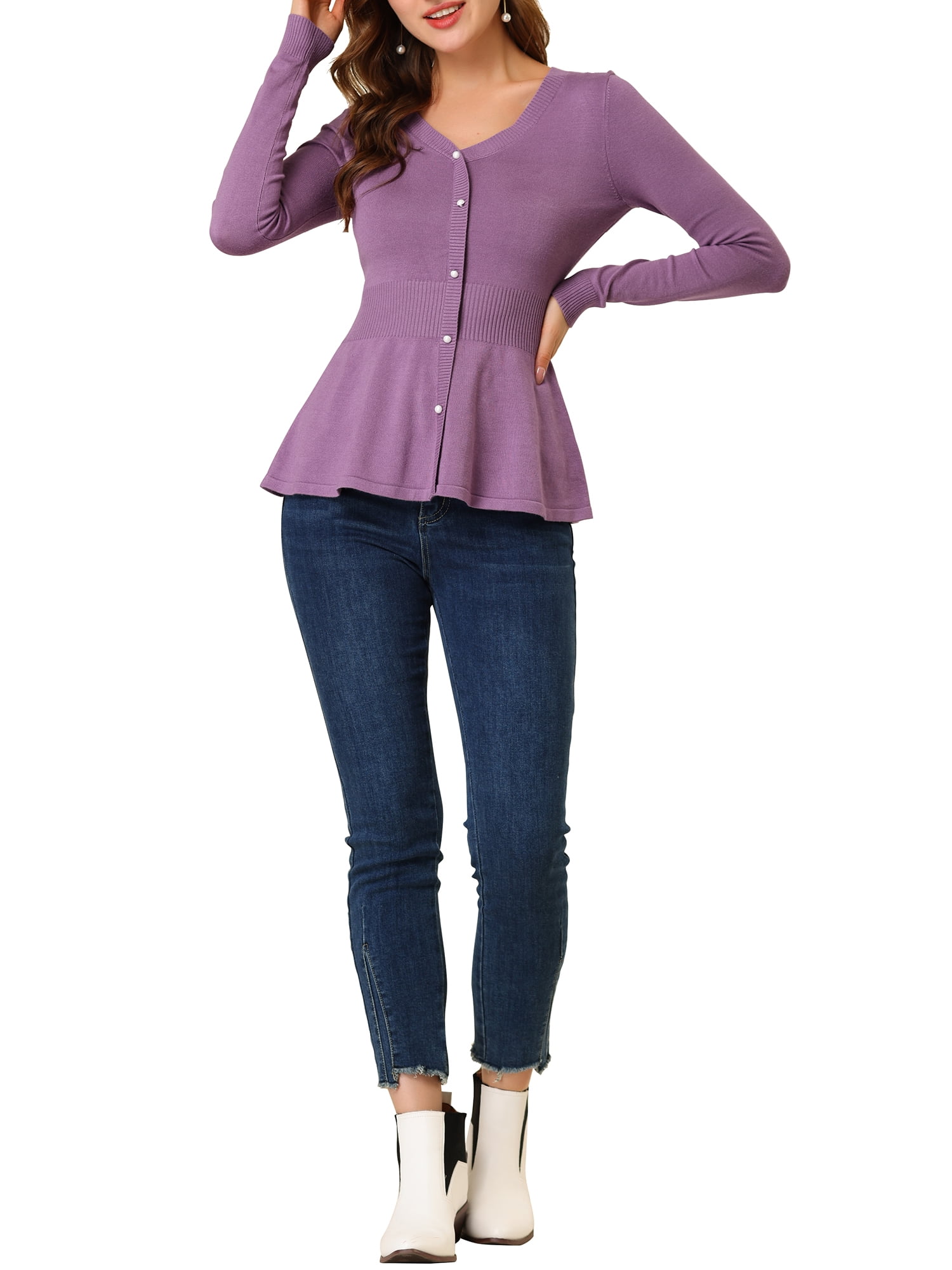 DARING DIVA Women's Peplum Top Smocked Long Sleeve Knit Sweater S Purple