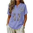 thumbnail image 3 of Embroidered Linen Shirt for Women, V-Neck Short Sleeve Cotton Blend Tunic with Floral Details - Loose Fit Casual Summer Top Light Purple S, 3 of 8