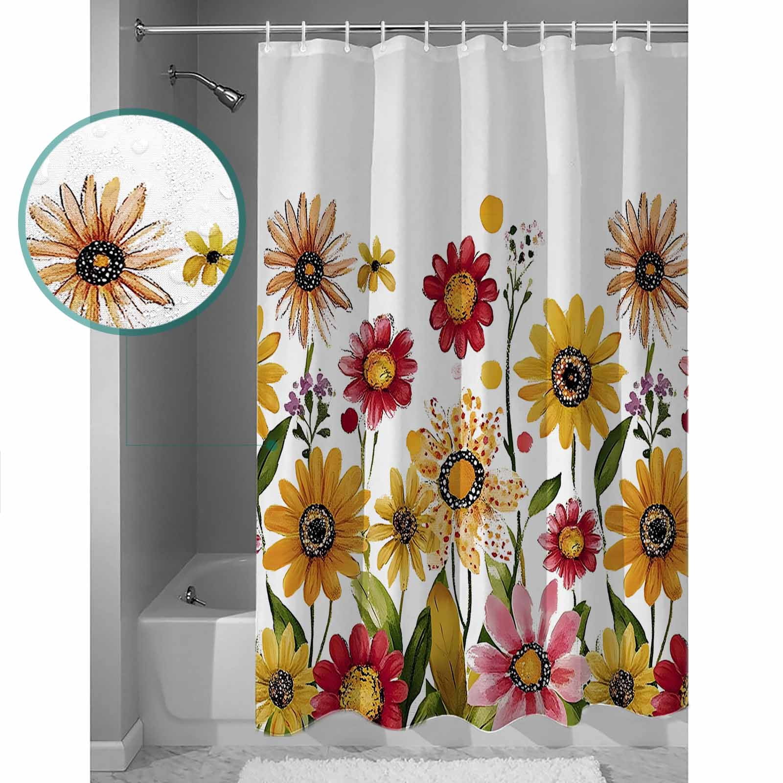 Shower Curtain Bathroom Set Watercolor Sunflower Leaves Plant Waterproof Fabric Shower Curtains with Grommets&Hooks Blossom Floral on White Privacy Bath Curtain for Bathtub 36x72in