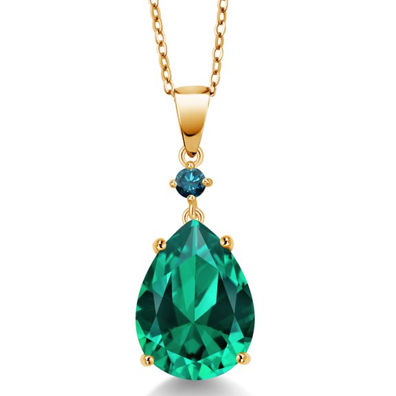 Gem Stone King 18K Yellow Gold Plated Silver Green Nano Emerald and Blue Diamond Pendant Necklace for Women (8.35 Cttw, Pear Shape 16X12MM, Gemstone, with 18 inch Chain)