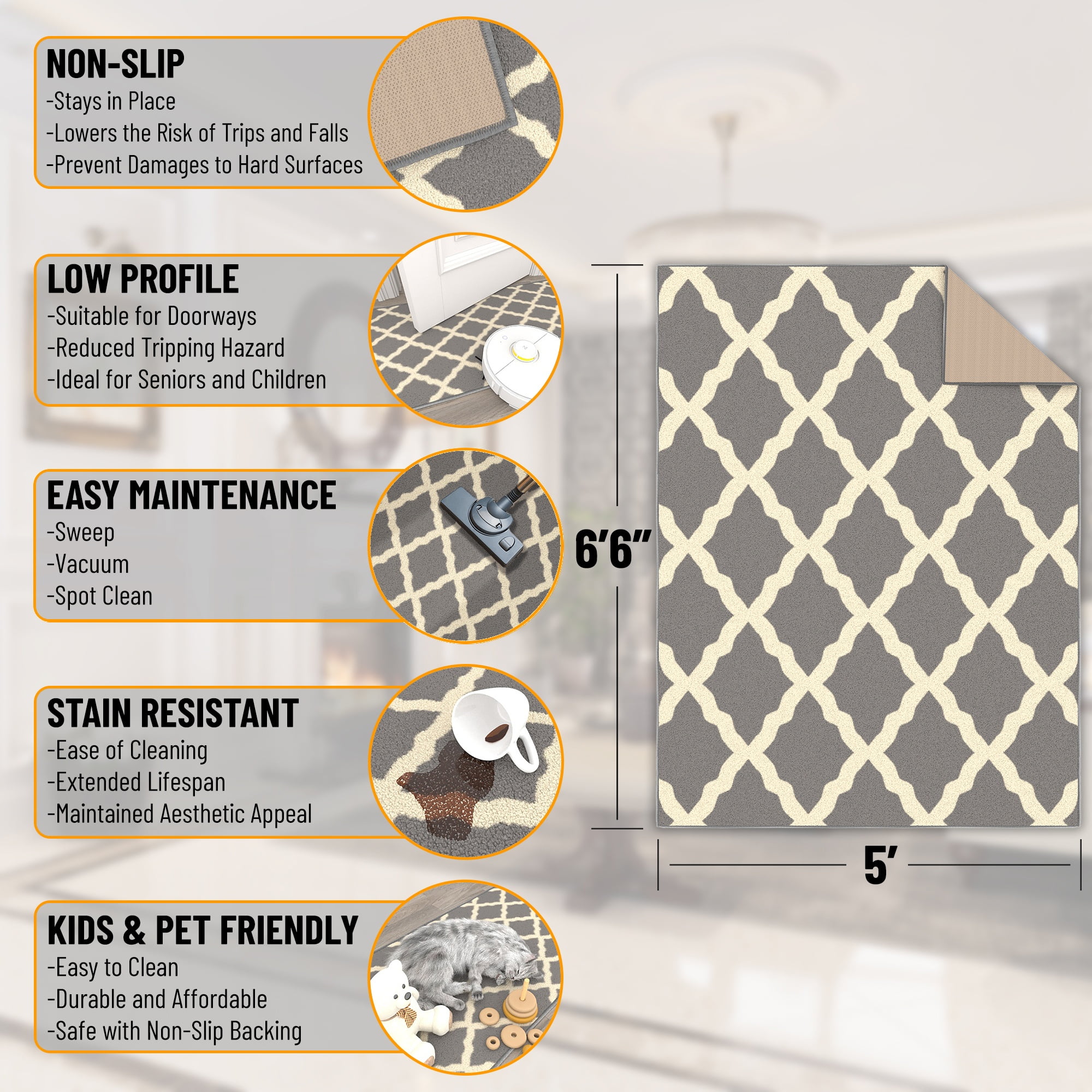 Ottomanson Trellis Area Rug 5' x 6'6" - Non Slip Low Pile Carpet, Gray