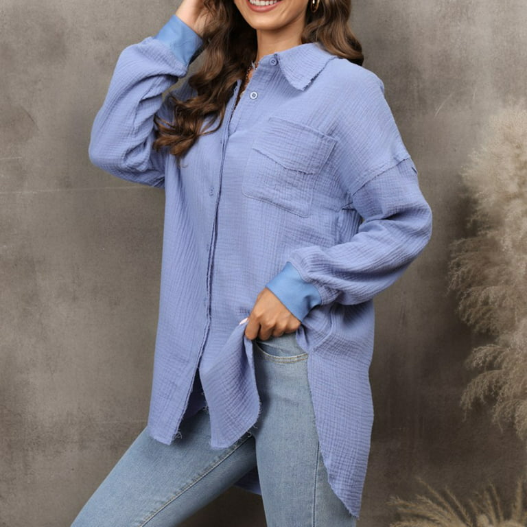 XFLWAM Womens Cotton Linen Button Down Shirt Casual Long Sleeve Loose Fit  Collared Solid Color Work Blouse Tops with Pocket Blue XL