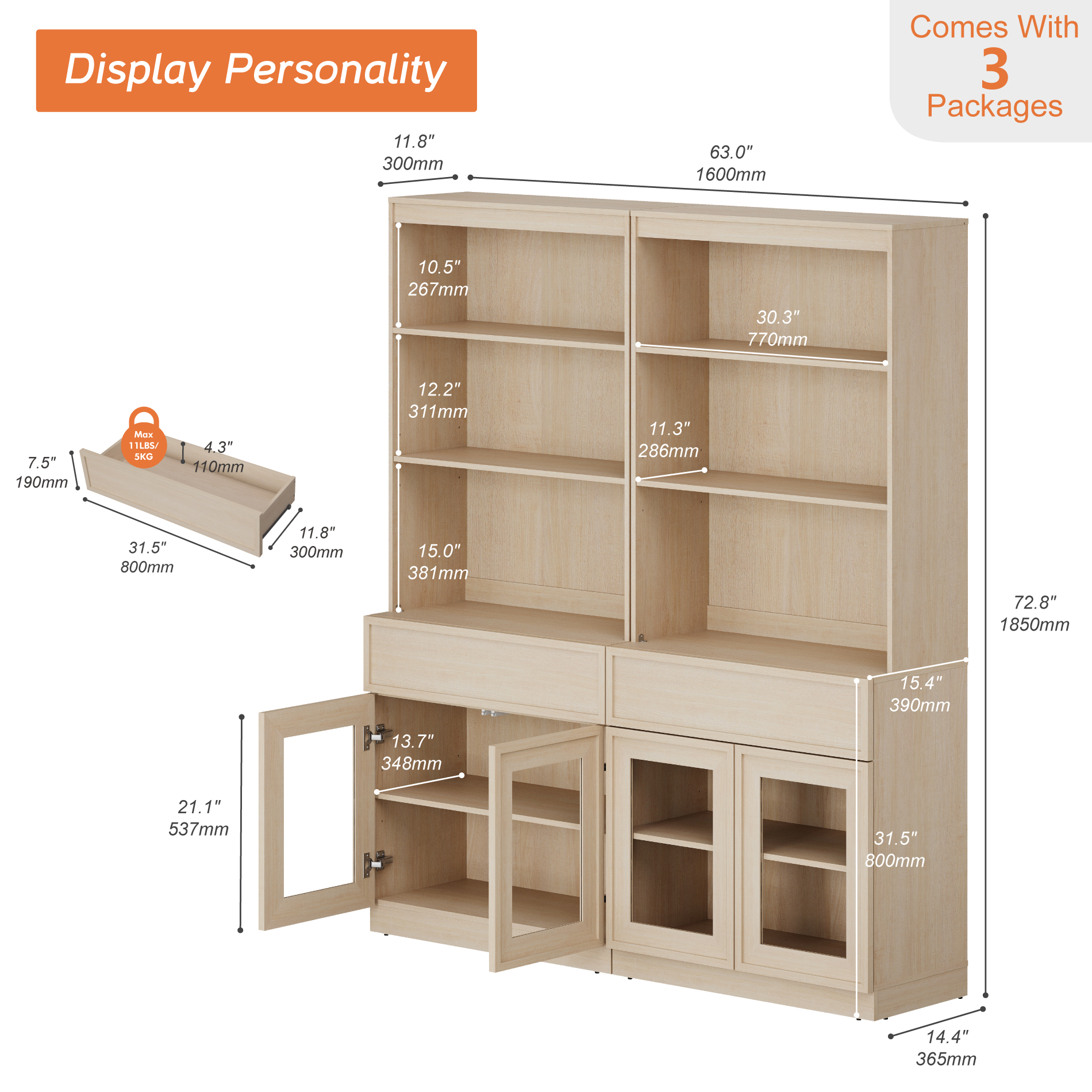 Modern 72" Tall Bookshelf with Glass Doors & Drawers, Library Bookcase with Storage Cabinet and Open Shelves,Beige