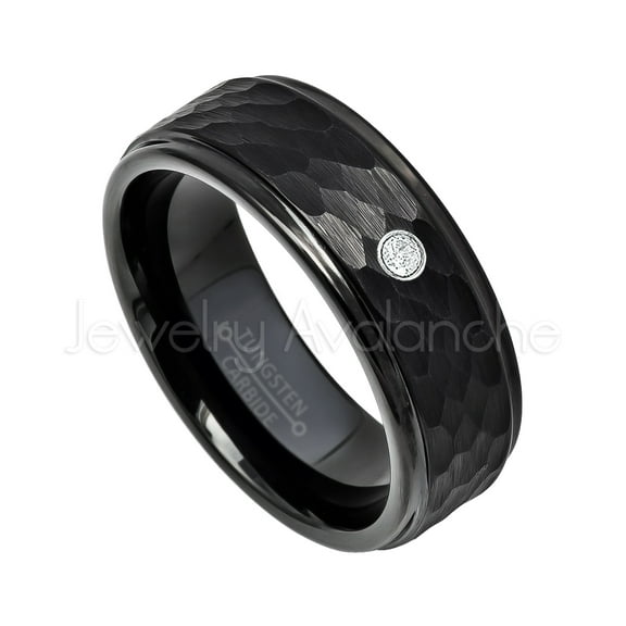 Hammered Black Tungsten Ring - 0.07ct Solitaire Diamond Ring - Personalized Tungsten Wedding Ring - Custom Made April Birthstone Ring TN614BS
