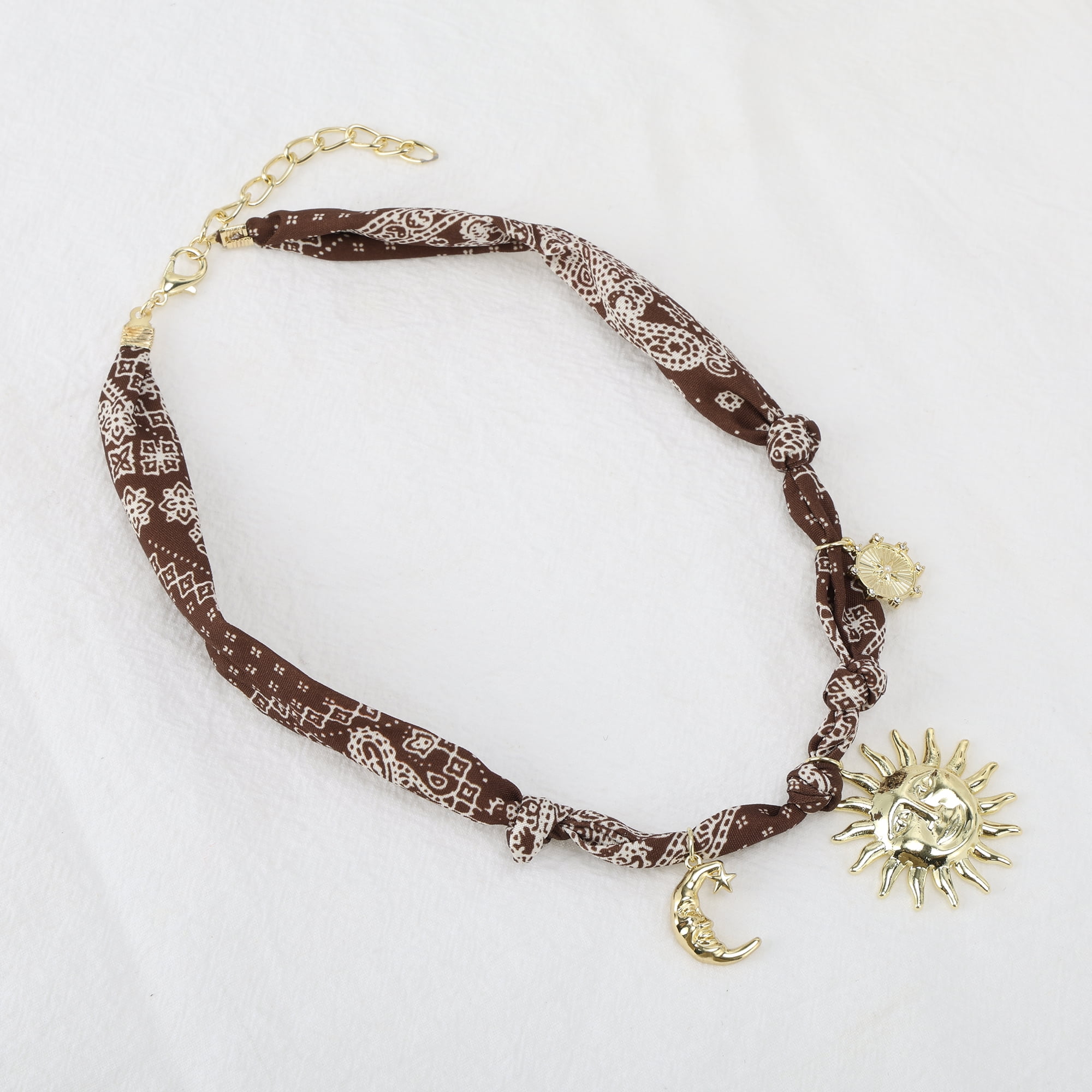 Unique Bargains Sun and Moon Scarf Necklace with Charm Adjustable Tie Dark Coffee Color