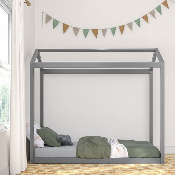 Max & Lily Twin Size Solid Wood House Bed Frame with Roof for Kids Bedroom Furniture, Grey