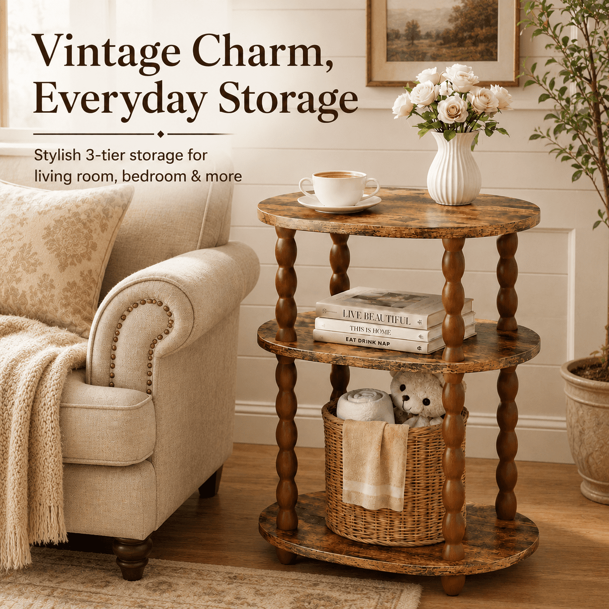MEHOOM 3-Tier Side Table, Small End Table for Living Room and Bedroom, Vintage Accent Table Nightstand with Storage