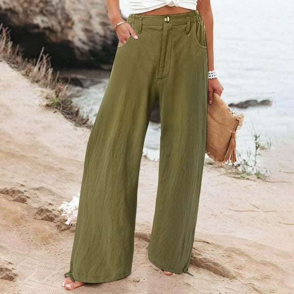 WXLWZYWL Summer Linen Pants for Women Tall Comfy Smocked High Waist Wide Leg Pants Casual Flowy Palazzo Beach Pants with Pockets Straight Dress Button Trousers